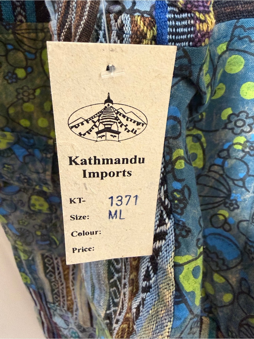 Boho Patchwork Casual Drawstring Pants in Multi Blue. 30” length - Picture 3 of 4